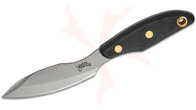 Knives of Alaska Xtreme Yukon #1 Fixed Blade Knife 4.25 inch D2 Bead Blast Double Edge Blade, Black Santoprene SureGrip Handles, Brown Leather Sheath
