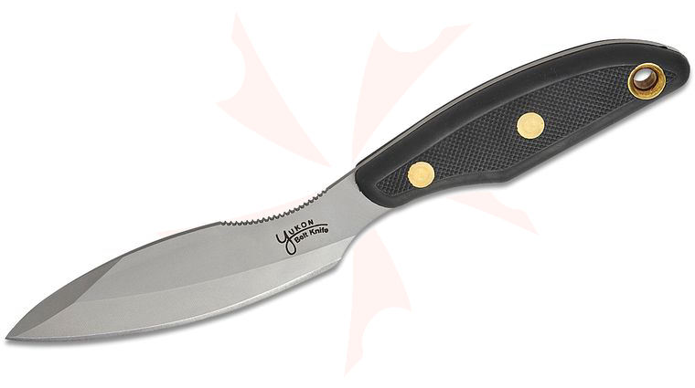 Knives of Alaska Xtreme Yukon #2 Fixed Blade Knife 4.25 inch D2 Bead Blast Single Edge Blade, Black Santoprene SureGrip Handles, Brown Leather Sheath