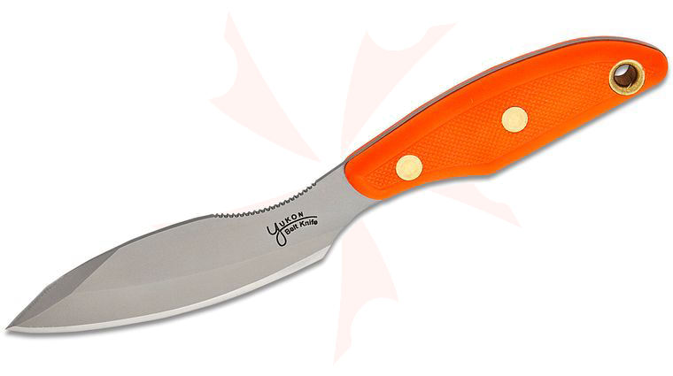 Knives of Alaska Xtreme Yukon #1 Fixed Blade Knife 4.25 inch D2 Bead Blast Double Edge Blade, Orange Santoprene SureGrip Handles, Brown Leather Sheath