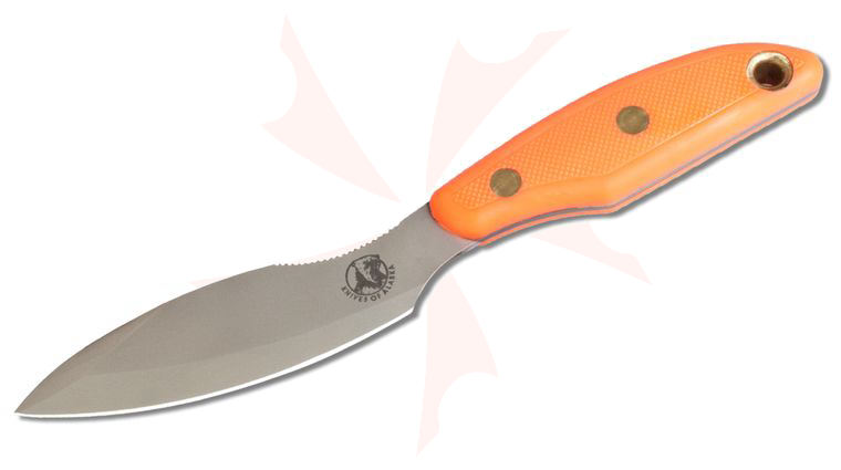 Knives of Alaska Xtreme Yukon #2 Fixed Blade Knife 4.25 inch D2 Bead Blast Single Edge Blade, Orange Santoprene SureGrip Handles, Brown Leather Sheath