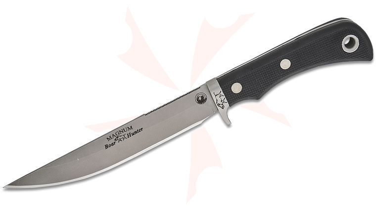 Knives of Alaska Magnum Boar Hunter Fixed Blade Knife 6 inch D2 Bead Blast Blade, Black Santoprene SureGrip Handles, Brown Leather Sheath