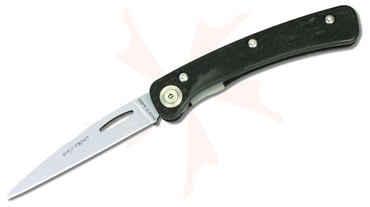 Knives of Alaska Featherlight Bird and Trout Folding Knife 3 inch D2 Bead Blast Wharncliffe Blade, Black Santoprene SureGrip Handles