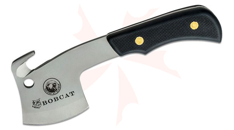 Knives of Alaska Bobcat Mini Hatchet with Gut Hook, Black Santoprene SureGrip Handles, Brown Leather Sheath
