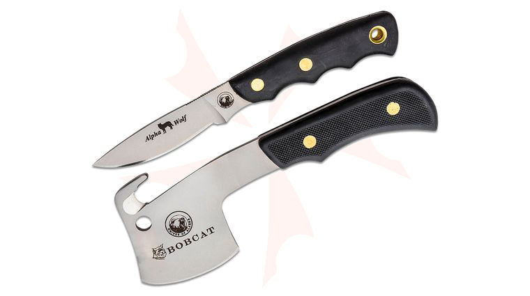 Knives of Alaska Bobcat Mini Hatchet/Alpha Wolf Combo Set, Black Santoprene SureGrip Handles, Brown Leather Sheath