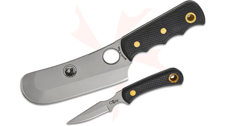 Knives of Alaska Brown Bear/Cub Bear Combo Set, Black Santoprene SureGrip Handles, Brown Leather Sheath
