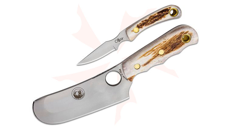 Knives of Alaska Brown Bear/Cub Bear Combo Set, Stag Handles, Brown Leather Sheath