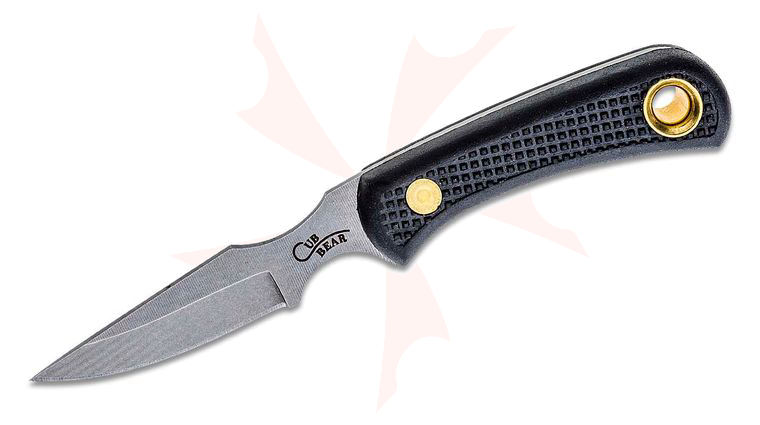 Knives of Alaska Cub Bear Caping Knife Fixed 3.375 inch D2 Bead Blast Blade, Black Santoprene SureGrip Handles, Brown Leather Sheath