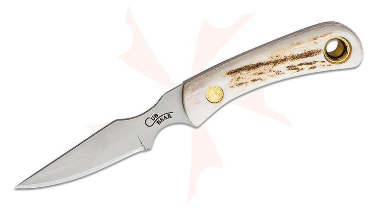 Knives of Alaska Cub Bear Caping Knife Fixed 3.375 inch D2 Bead Blast Blade, Stag Handles, Brown Leather Sheath