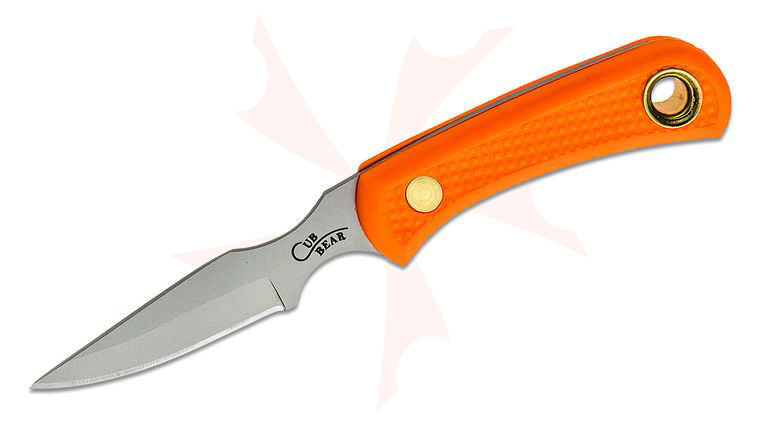 Knives of Alaska Cub Bear Caping Knife Fixed 3.375 inch D2 Bead Blast Blade, Orange Santoprene SureGrip Handles, Brown Leather Sheath