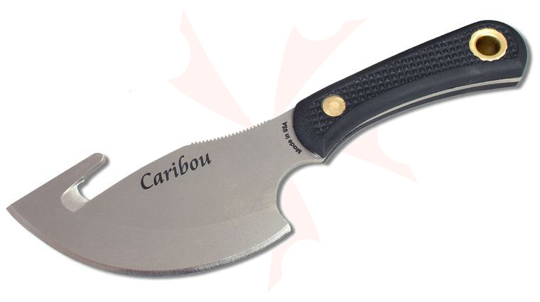 Knives of Alaska Caribou Skinner Cleaver Fixed Blade Knife 4 inch D2 Bead Blast Blade with Gut Hook, Black Santoprene SureGrip Handles, Brown Leather Sheath