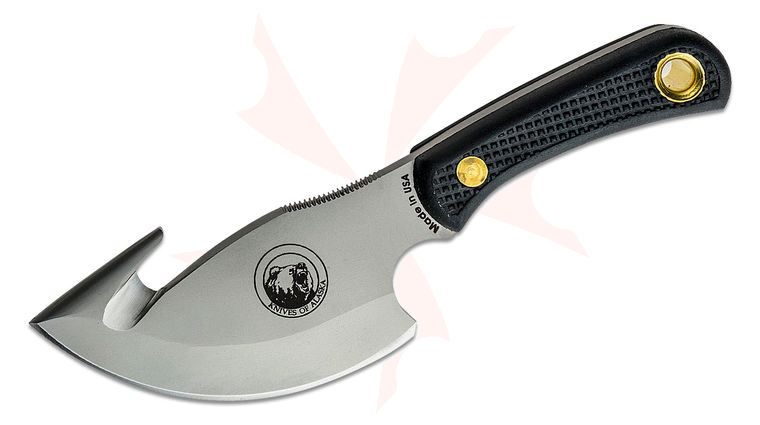 Knives of Alaska Light Hunter Skinner Cleaver Fixed 4 inch D2 Bead Blast Blade with Gut Hook, Black Santoprene SureGrip Handles, Brown Leather Sheath