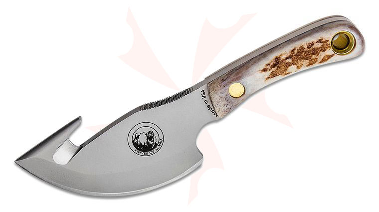 Knives of Alaska Light Hunter Skinner Cleaver Fixed 4 inch D2 Bead Blast Blade with Gut Hook, Stag Handles, Brown Leather Sheath