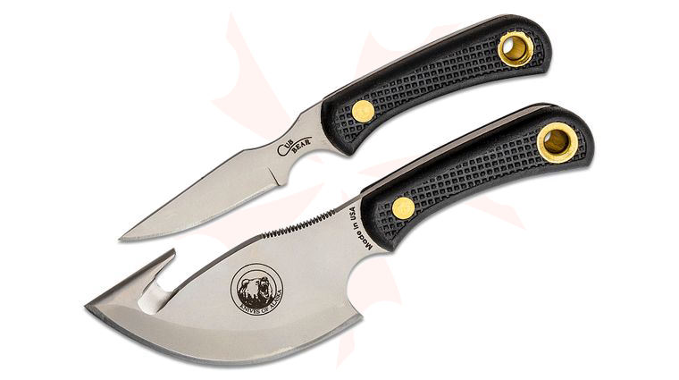 Knives of Alaska Light Hunter/Cub Bear Combo Set, Black Santoprene SureGrip Handles, Brown Leather Sheath