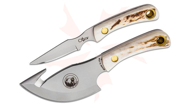 Knives of Alaska Light Hunter/Cub Bear Combo Set, Stag Handles, Brown Leather Sheath