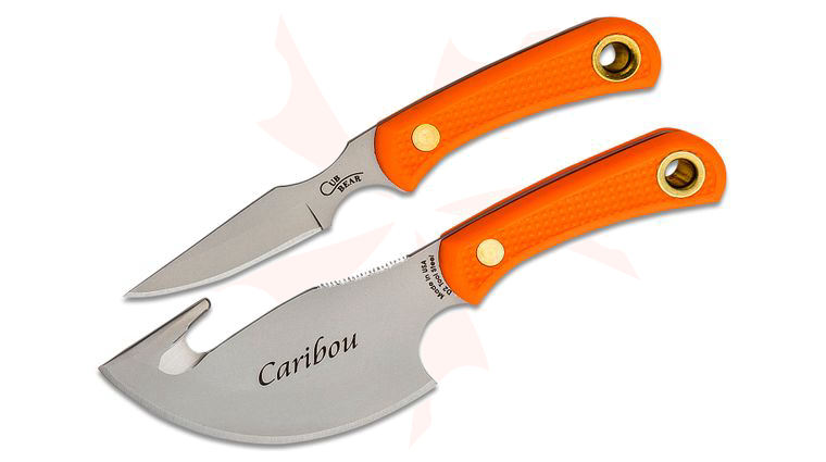 Knives of Alaska Caribou Combo Set, Orange Santoprene SureGrip Handles, Brown Leather Sheath