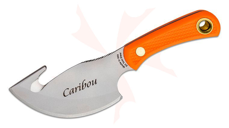 Knives of Alaska Caribou Skinner Cleaver Fixed 4 inch D2 Bead Blast Blade with Gut Hook, Orange Santoprene SureGrip Handles, Brown Leather Sheath