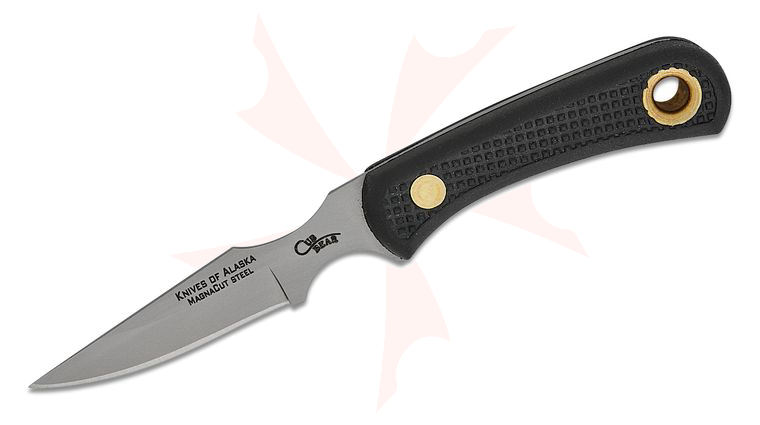 Knives of Alaska Cub Bear Caping Knife Fixed 3.375 inch CPM-MagnaCut Bead Blast Blade, Black Santoprene SureGrip Handles, Brown Leather Sheath