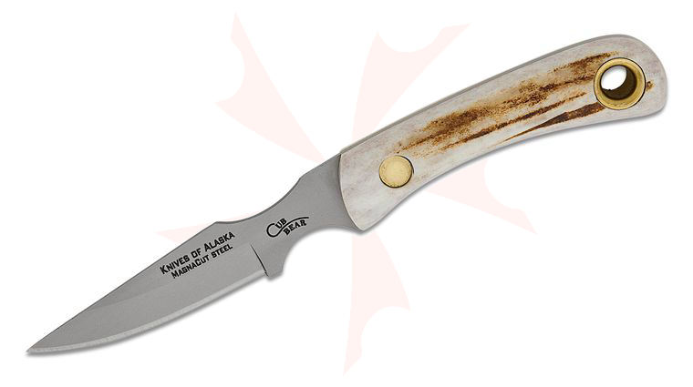 Knives of Alaska Cub Bear Caping Knife Fixed 3.375 inch CPM-MagnaCut Bead Blast Blade, Stag Handles, Brown Leather Sheath