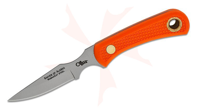 Knives of Alaska Cub Bear Caping Knife Fixed 3.375 inch CPM-MagnaCut Bead Blast Blade, Orange Santoprene SureGrip Handles, Brown Leather Sheath