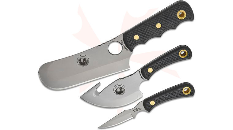 Knives of Alaska Professional Hunter's Triple Knife Combo Set, Black Santoprene SureGrip Handles, Brown Leather Sheath