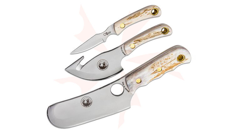 Knives of Alaska Professional Hunter's Triple Knife Combo Set, Stag Handles, Brown Leather Sheath