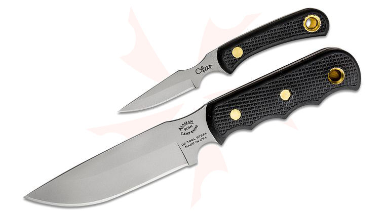 Knives of Alaska Bush Camp/Cub Bear Combo Set, Black Santoprene SureGrip Handles, Brown Leather Sheath