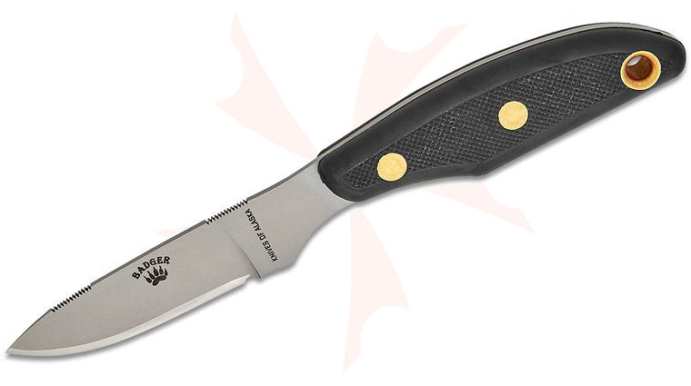 Knives of Alaska Badger Fixed Blade Knife 2.64 inch D2 Bead Blast Blade, Black Santoprene SureGrip Handles, Brown Leather Sheath