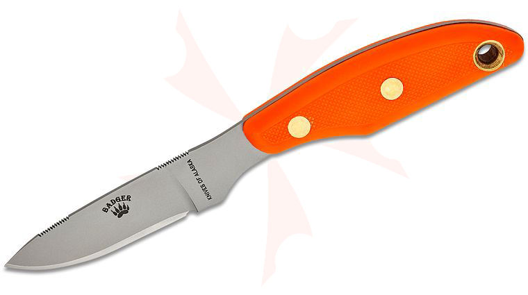 Knives of Alaska Badger Fixed Blade Knife 2.64 inch D2 Bead Blast Blade, Orange Santoprene SureGrip Handles, Brown Leather Sheath