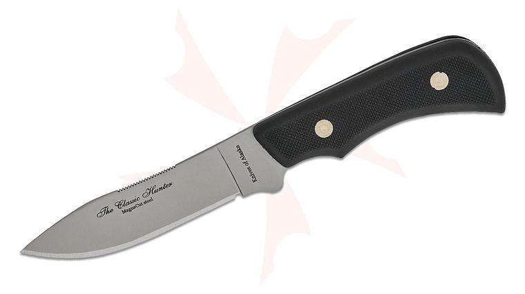 Knives of Alaska Classic Hunter Fixed Blade Knife 3.75 inch CPM-MagnaCut Bead Blast Drop Point Blade, Black Santoprene SureGrip Handles, Brown Leather Sheath