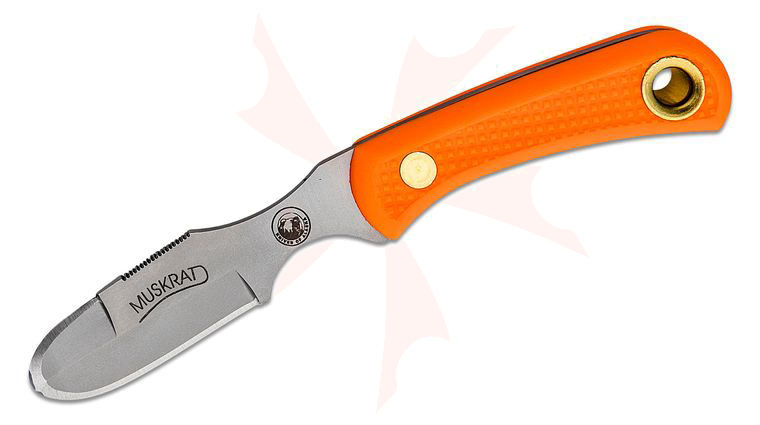 Knives of Alaska Muskrat Knife Fixed 2.25 inch D2 Bead Blasted Skinner Blade, Orange Santoprene SureGrip Handles, Brown Leather Sheath