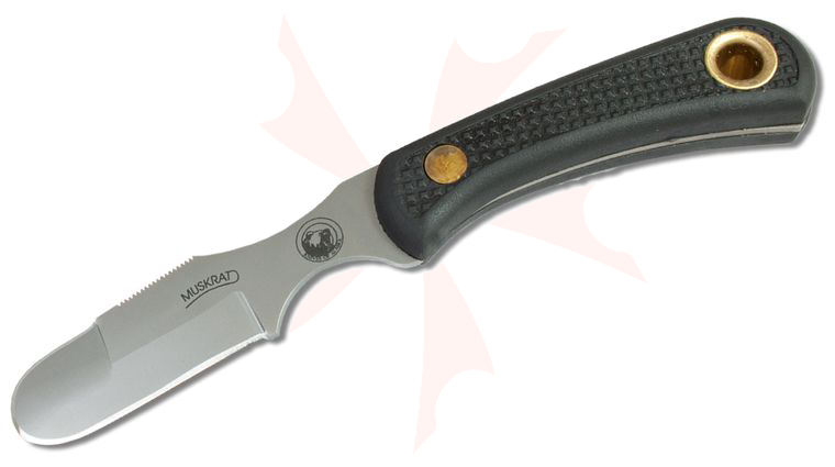 Knives of Alaska Muskrat Knife Fixed 2.25 inch D2 Bead Blasted Skinner Blade, Black Santoprene SureGrip Handles, Brown Leather Sheath