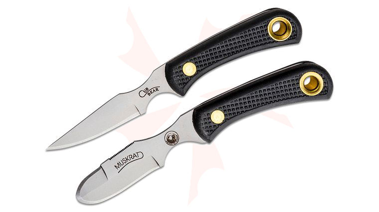 Knives of Alaska Muskrat/Cub Bear Combo Set, Black Santoprene SureGrip Handles, Brown Leather Sheath