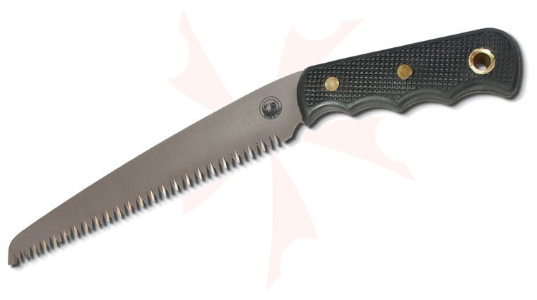 Knives of Alaska Wood Saw 8 inch SK5 Blade, Black Micarta Handles, Brown Leather Sheath