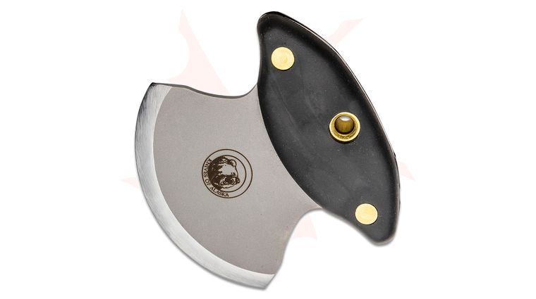 Knives of Alaska Magnum Ulu Knife 3.4 D2 Bead Blast Blade, Black Santoprene SureGrip Handles, Brown Leather Sheath