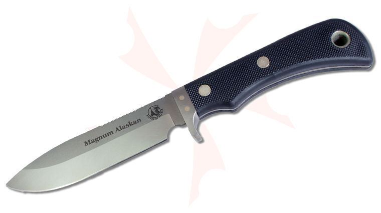 Knives of Alaska Magnum Alaskan Fixed Blade Knife 4.5 inch D2 Bead Blast Drop Point, Black Santoprene SureGrip Handles, Brown Leather Sheath