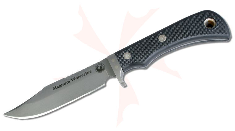 Knives of Alaska Magnum Wolverine Fixed Blade Knife 4.5 inch D2 Bead Blast Clip Point, Black Santoprene SureGrip Handles, Brown Leather Sheath