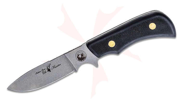 Knives of Alaska Trekker Elk Hunter Fixed 4.375 inch D2 Bead Blast Blade, Black Santoprene SureGrip Handles, Brown Leather Sheath