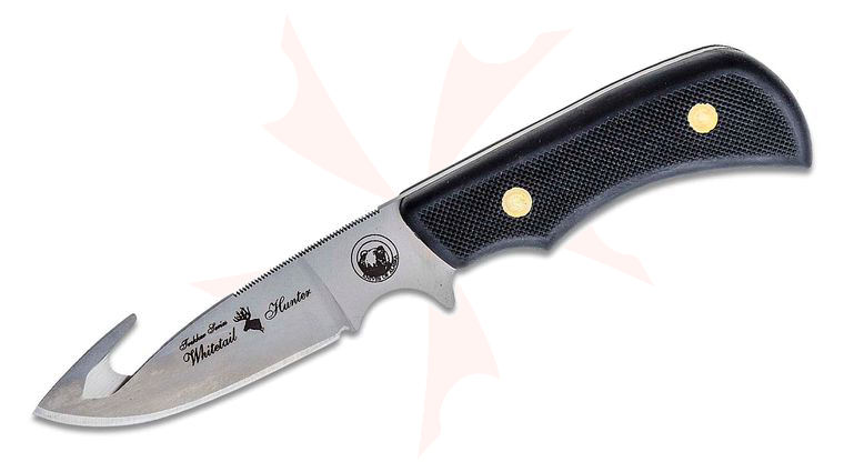 Knives of Alaska Trekker Whitetail Hunter Fixed 4.375 inch D2 Bead Blast Blade with Gut Hook, Black Santoprene SureGrip Handles, Brown Leather Sheath