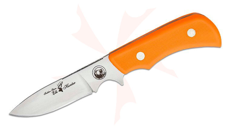 Knives of Alaska Trekker Elk Hunter Fixed 4.375 inch D2 Bead Blast Blade, Orange Santoprene SureGrip Handles, Brown Leather Sheath