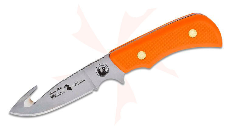 Knives of Alaska Trekker Whitetail Hunter Fixed 4.375 inch D2 Bead Blast Blade with Gut Hook, Orange Santoprene SureGrip Handles, Brown Leather Sheath