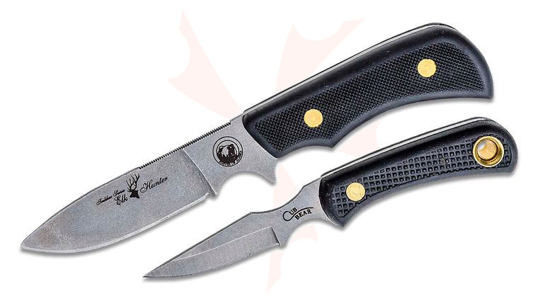 Knives of Alaska Elk Hunter/Cub Bear Combo Set, Black Santoprene SureGrip Handles, Brown Leather Sheath