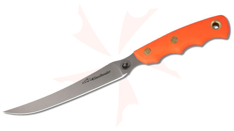 Knives of Alaska Steelheader Fillet Knife 6.75 inch 440C Bead Blast Blade, Orange Santoprene SureGrip Handles, Black Nylon Sheath