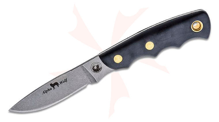 Knives of Alaska Alpha Wolf Fixed Blade Knife, 3.75 inch D2 Bead Blast Drop Point Blade, Black Santoprene SureGrip Handles, Brown Leather Sheath