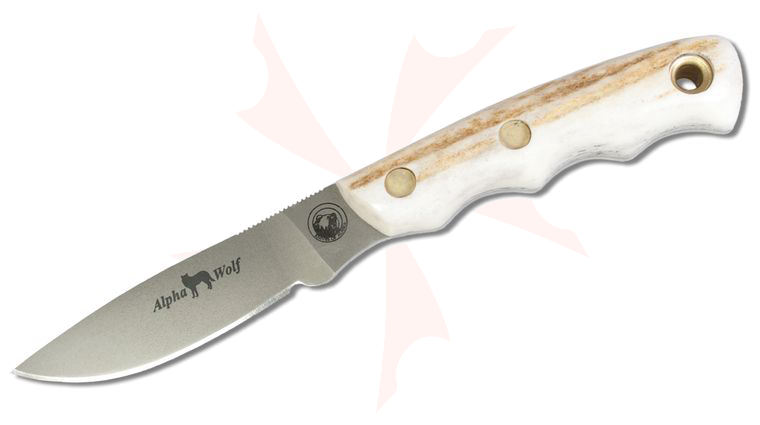 Knives of Alaska Alpha Wolf Fixed Blade Knife 3.75 inch D2 Bead Blast Drop Point Blade, Stag Handles, Brown Leather Sheath