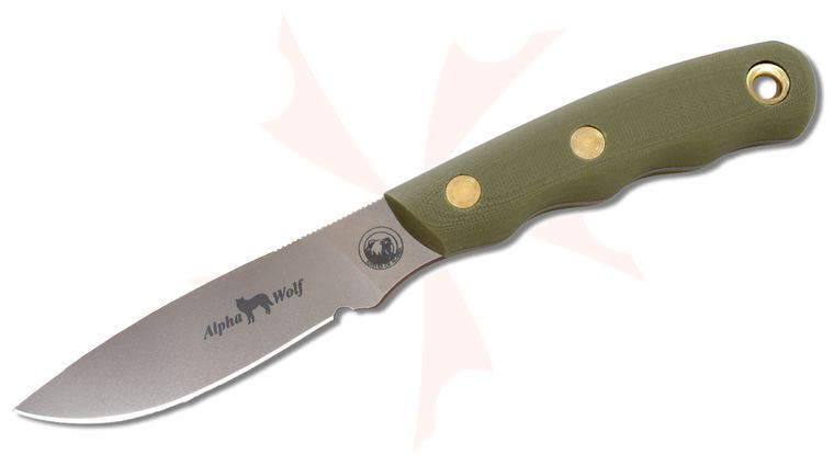 Knives of Alaska Alpha Wolf Fixed Blade Knife, 3.75 inch D2 Bead Blast Drop Point Blade, OD Green G10 Handles, Brown Leather Sheath