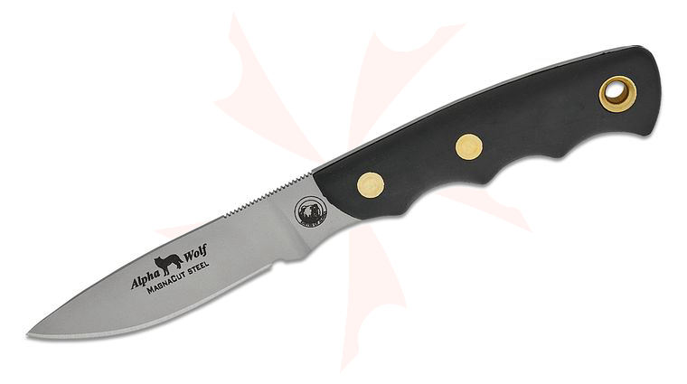 Knives of Alaska Alpha Wolf Fixed Blade Knife 3.75 inch CPM-MagnaCut Bead Blast Drop Point Blade, Black Santoprene SureGrip Handles, Brown Leather Sheath