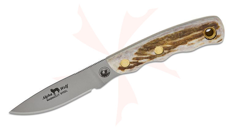 Knives of Alaska Alpha Wolf Fixed Blade Knife 3.75 inch CPM-MagnaCut Bead Blast Drop Point Blade, Stag Handles, Brown Leather Sheath