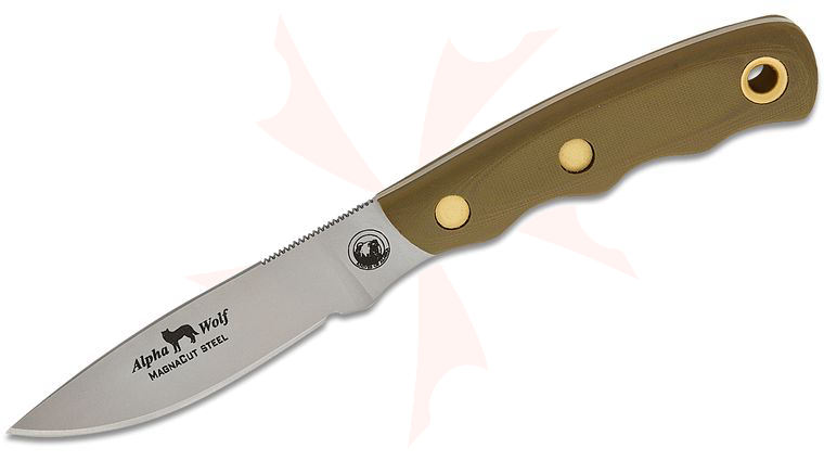 Knives of Alaska Alpha Wolf Fixed Blade Knife 3.75 inch CPM-MagnaCut Bead Blast Drop Point Blade, OD Green G10 Handles, Brown Leather Sheath