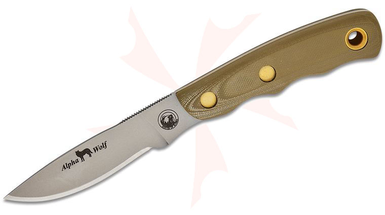 Knives of Alaska Alpha Wolf Fixed Blade Knife 3.75 inch S30V Bead Blast Drop Point Blade, OD Green G10 Handles, Brown Leather Sheath