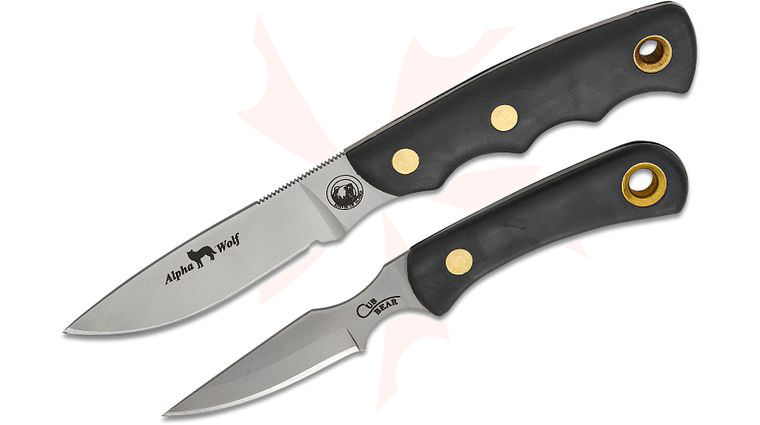 Knives of Alaska Alpha Wolf/Cub Bear Combo Set, Black Santoprene SureGrip Handles, Brown Leather Sheath
